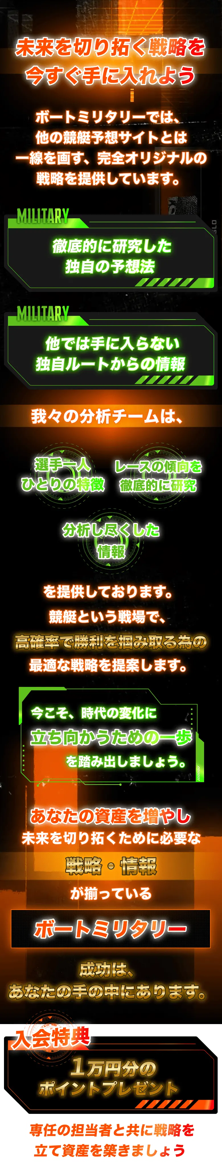 ボートミリタリーは、完全オリジナルの戦略と独自情報を提供する競艇予想サービスであるとアピール