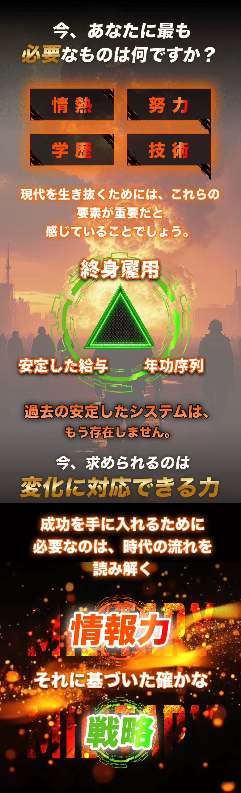 情熱・努力・学歴・技術の中で最も必要なものを問うメッセージが書かれた画像